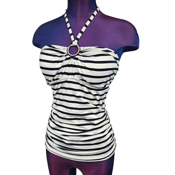 Michael Kors White &‎ Navy Striped Halter Tankini Top Size Small Women's - Picture 1 of 8